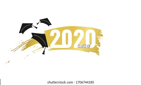 Class of 2020. Hand drawn brush gold stripe and number with education academic cap. Template for graduation party design, high school or college congratulation graduate, yearbook. Vector illustration.