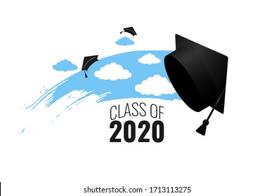 Class of 2020. Hand drawn brush blue sky stripe, clouds, number with education academic cap. Template for graduation party design, high school or college congratulation graduate. Vector illustration.