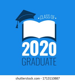 Class of 2020 holiday. White number, education academic cap and open book on blue background. Template for graduation design frame, high school, college congratulation graduate. Vector illustration.