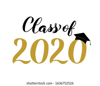 Class of 2020 lettering with graduation hat isolated on white. Congratulations to graduates typography poster.  Easy to edit vector template for greeting card, banner, sticker, label, t-shirt, etc. 