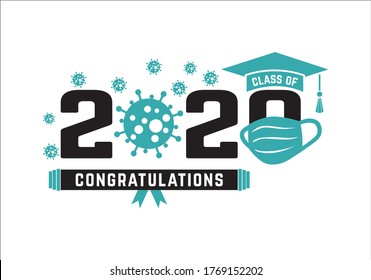 Class of 2020 in medical mask of year during quarantine. Graduation logo. Template for graduation design, party, high school or college graduate, yearbook.