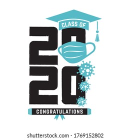 Class of 2020 in medical mask of year during quarantine. Graduation logo. Template for graduation design, party, high school or college graduate, yearbook.