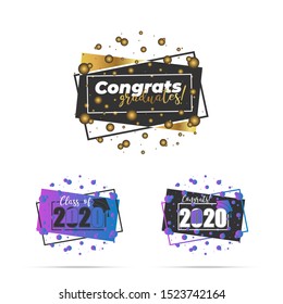 Class of 2020. Number with color education academic cap on abstract grahic shape. Template for graduation design frame, high school or college congratulation graduate, yearbook. Vector illustration.