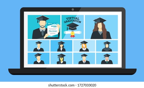 Class of 2020 Online Virtual Graduation Video Web Conference Teleconference in Laptop. College University High School Student Commencement Ceremony with Gown & Hat from home. COVID-19 Pandemic impact