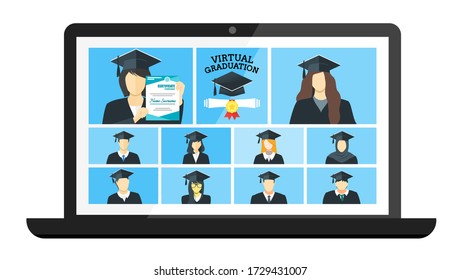 Class of 2020 Online Virtual Graduation Video Web Conference Teleconference in Laptop. College University High School Student Commencement Ceremony with Gown & Hat from home. COVID-19 Pandemic impact