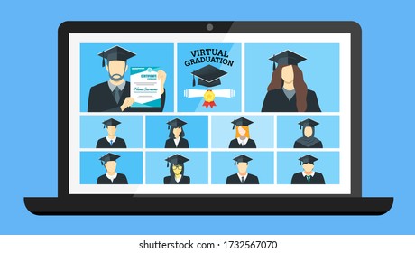 Class of 2020 Online Virtual Graduation Video Web Conference Teleconference in Laptop. College University High School Student Commencement Ceremony with Gown & Hat from home. COVID-19 Pandemic impact