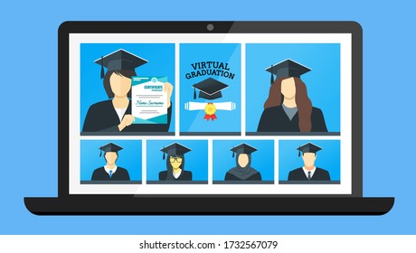 Class of 2020 Online Virtual Graduation Video Web Conference Teleconference in Laptop. College University High School Student Commencement Ceremony with Gown & Hat from home. COVID-19 Pandemic impact