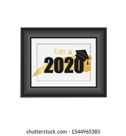 Class Of 2020 Photo Frame. Hand Drawn Brush Gold Stripe And Number With Education Academic Cap. Template For Graduation Design Frame, High School Or College Congratulation Graduate, Yearbook. Vector 