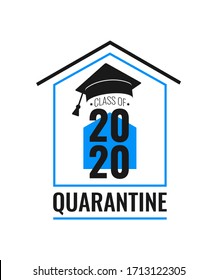 Class of 2020 quarantine. Black number, education academic cap on blue and white background. Coronavirus quarantine 2020. Vector illustration.