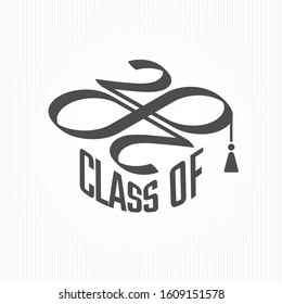 Class of 2020 Square Academic Graduation Cap Shape Lettering Composition with Zeroes Making Mobius Loop Numerals Logo - Black on White Background - Vector Contrast Graphic Design