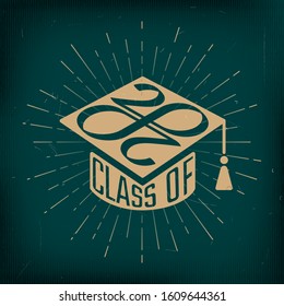 Class of 2020 Square Academic Graduation Cap Shape Inverted Sign and Numerals Logo Lettering with Zeroes Making Mobius Loop - Gold on Turquoise Background - Vector Contrast Graphic Design