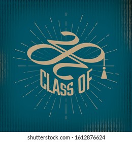 Class of 2020 Square Academic Graduation Cap Shape Inverted Lettering Composition with Zeroes Making Mobius Loop Numerals Logo - Gold on Blue Background - Vector Contrast Graphic Design