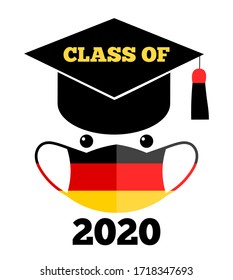 Class of 2020 text, graduation cap, protection face mask, german flag, Template for graduation design, yearbook, party, college or high school graduate