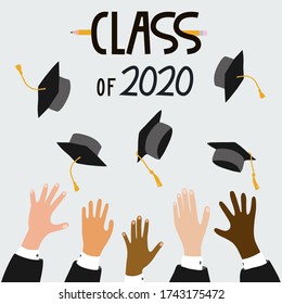 Class of 2020, vector illustration with multi-ethnic people group, graduate's hands throwing graduation caps. Hand drawn graduation season graphic design for graduation card, invitation, banner, flyer