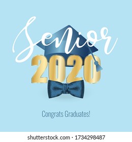 Class of 2020 wallpaper. Golden number and white text Senior with thrown up education academic cap and men bow tie on blue background. Template for graduation design. Vector illustration.