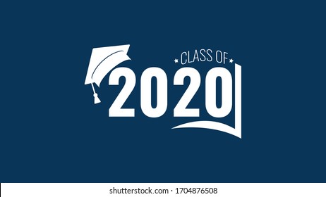 Class Of 2020. White Number, Education Academic Cap And Open Book On Blue Background. Template For Graduation Design Frame, High School, College Congratulation Graduate, Yearbook. Vector Illustration.