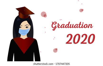 Class of 2020 year congratulation graduate. Vector illustration with students in medical mask and graduation text in academic cap