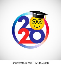 Class Of 2020 Year Graduating Banner, Awards Concept. Creative Funny Sign, Happy Holiday Invitation Round Colorful Card. Isolated Abstract Graphic Design Template. Red And Blue Ring, White Background.