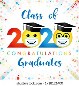 Class Of 2020 Year Graduating Banner, Awards Concept. Creative Funny Sign, Happy Holiday Cute Colorful Invitation Poster. Isolated Abstract Graphic Design Template. Red, Blue Colors, White Background.