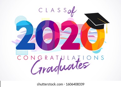 Class of 2020 year graduation banner, awards concept. T-shirt idea, holiday coloured invitation card, bright emblem. Isolated numbers, abstract graphic design template. Brush strokes white background.