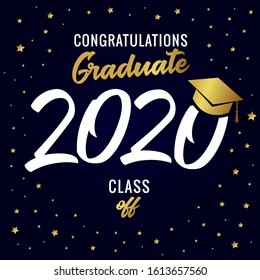 Class Of 2020 Year Graduation Banner, Awards Concept. T-shirt Idea, Happy Holiday Invitation Card, Bright Emblem. Isolated Numbers, Abstract Graphic Design Template. Golden Text Square Dark Background