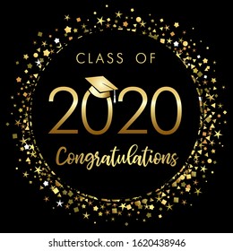 Class of 2020 year graduation banner, awards concept. Shining sign, happy holiday invitation card, golden circle. Isolated abstract graphic design template. Brushing text, round ball black background.