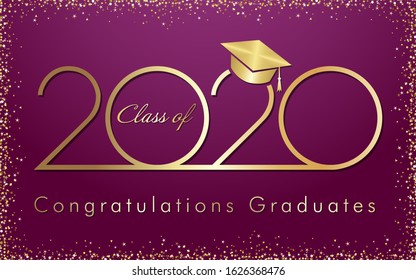 Class of 2020 year graduation banner, awards concept. Shining sign, happy holiday invitation card, golden glittering frame, celebrating 3D digital logo, text. Isolated abstract graphic design template