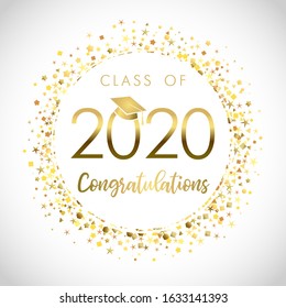 Class of 2020 year graduation banner, awards concept. Shining sign, happy holiday invitation card, golden circle. Isolated abstract graphic design template. Brushing text, round ball white background.