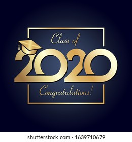 Class of 2020 year graduation banner, awards concept. Square shining sign, happy holiday invitation card, golden gradient. Isolated abstract graphic design template. Calligraphic text, dark background