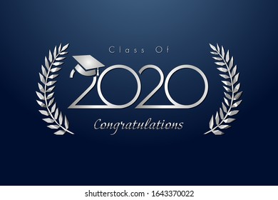 Class of 2020 year graduation banner, awards concept. Shining metal sign, happy holiday invitation card, silver gradient. Isolated abstract graphic design template. Calligraphic text, dark background.