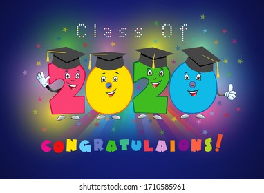 Class of 2020 year graduation banner, awards concept. Cute colorful sign, happy holiday invitation card. Isolated abstract graphic design template. Funny bright text in cartoon style, dark background.