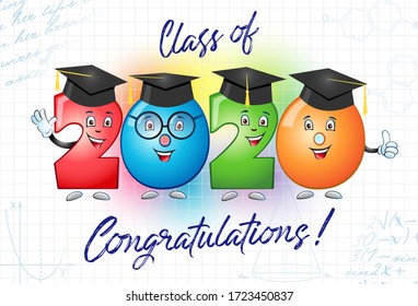 Class of 2020 year graduation banner, awards concept. Cute colorful sign, happy holiday invitation card. Isolated abstract graphic design template. Funny bright digits, cartoon style, white background