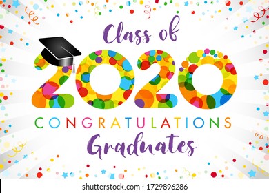 Class of 2020 year graduation banner, award concept. Bubble sign, happy holiday invitation card. Isolated abstract graphic design template. Calligraphic text, brush style letters. Confetti background.