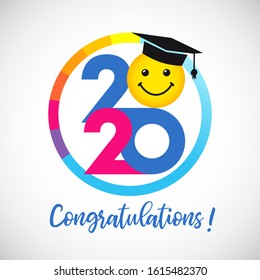 Class of 2020 year graduation logo, awards concept. Round chart, happy holiday invitation card, coloured emblem. Isolated abstract graphic design template. Brushing calligraphic text, white background