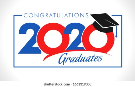 Class of 2020 year graduation sign, awards concept. Banner in red, blue and white colors, happy holiday invitation e-card. Isolated abstract graphic design template. Calligraphic text and frame.