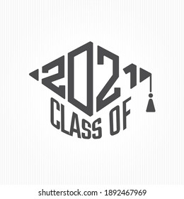 Class of 2021 Academic Square Graduation Cap Shape Lettering Composition with Polygonal Numerals Logo - Black on White Background - Vector Contrast Graphic Design