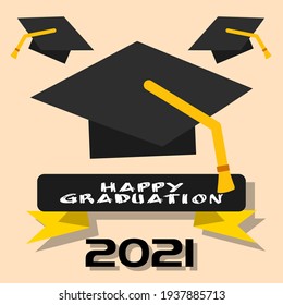 Class of 2021 Academic Square Graduation Cap Shape Lettering Logo Composition - Cream Background - Vector Contrast Graphic Design
