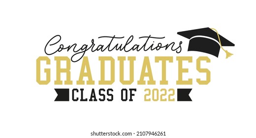 Class of 2021 black and gold badge design template. Congratulations graduates banner with gold lettering inscription and academic cap. High school or college graduation vector illustration on white.
