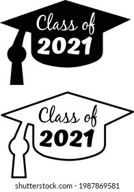 Class of 2021 Black Graduation Cap. Class of 2021 sign. flat style.