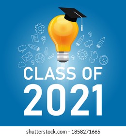 class of 2021 cap and bulb in blue symbol of education graduate college icon graphic illustration student university