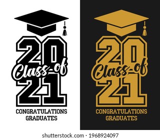 Class of 2021. The concept of design congratulations school graduation, flyer, invitation, uniform design. Illustration, vector on transparent and black background