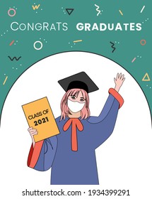 The class of 2021. Congrats graduates of 2021. Graduate woman with graduation gown and hat and mask on yellow background. Colorful design. Vector flat illustration, cartoon style.