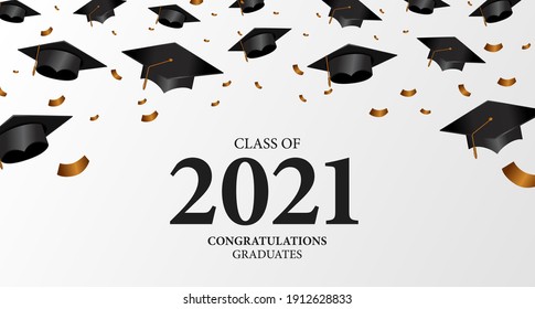 class of 2021. congratulation of graduation with 3d falling diploma cap and confetti. education academy school learning