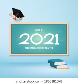 Class of 2021 congratulation greeting card. class graduation banner with hat and diploma.