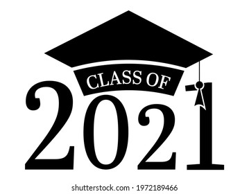 Class of 2021. Congratulations graduates banner with lettering inscription and academic cap. Vector illustration isolated on white 