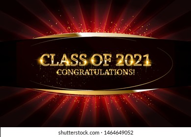 Class of 2021 Congratulations Graduates gold text with golden ribbons on dark background. Vector illustration