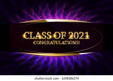 Class of 2021 Congratulations Graduates gold text with golden ribbons on dark background. Vector illustration