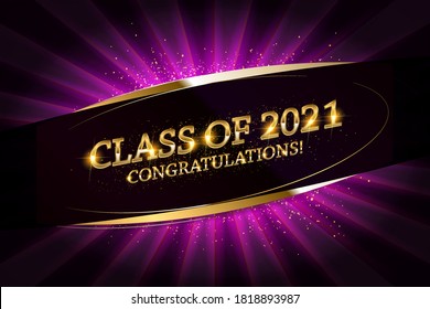 Class of 2021 Congratulations Graduates gold text with golden ribbons on dark background. Vector illustration