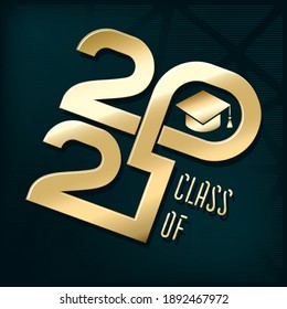 Class Of 2021 Flat Glossy Gold Single Line Numeral Logo and Square Academic Graduation Cap Sign - Golden on Holographic Triangles Turquoise Background - Vector Mixed Graphic Design