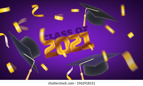 Class of 2021. Flying confetti and graduation caps. 3d style banner